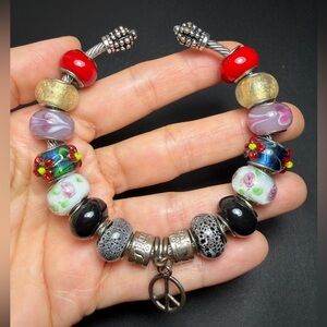 European-Style Assorted Bead Charm Bracelet with Peace Sign